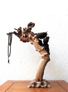 金丝红柳风化木随形根艺搭配绿檀珠串摆件自然禅意创意家居收藏品