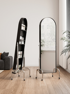 可移动落地全身镜家用旋转带轮穿衣镜带收纳杂志架高级感试衣镜子