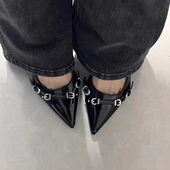 黑色高跟鞋 女设计感小众气质名媛铆钉漆皮小猫跟一字扣带包头凉鞋