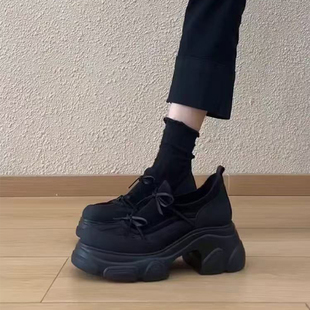 2025年秋冬新款英伦厚底7CM增高乐福鞋女芭蕾休闲深口蝴蝶结单鞋