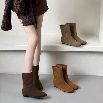 平底内增高磨砂套筒西部牛仔靴