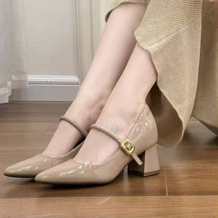 小个子10CM内增高尖头玛丽珍鞋2025秋新款粗跟浅口一字扣带单鞋女