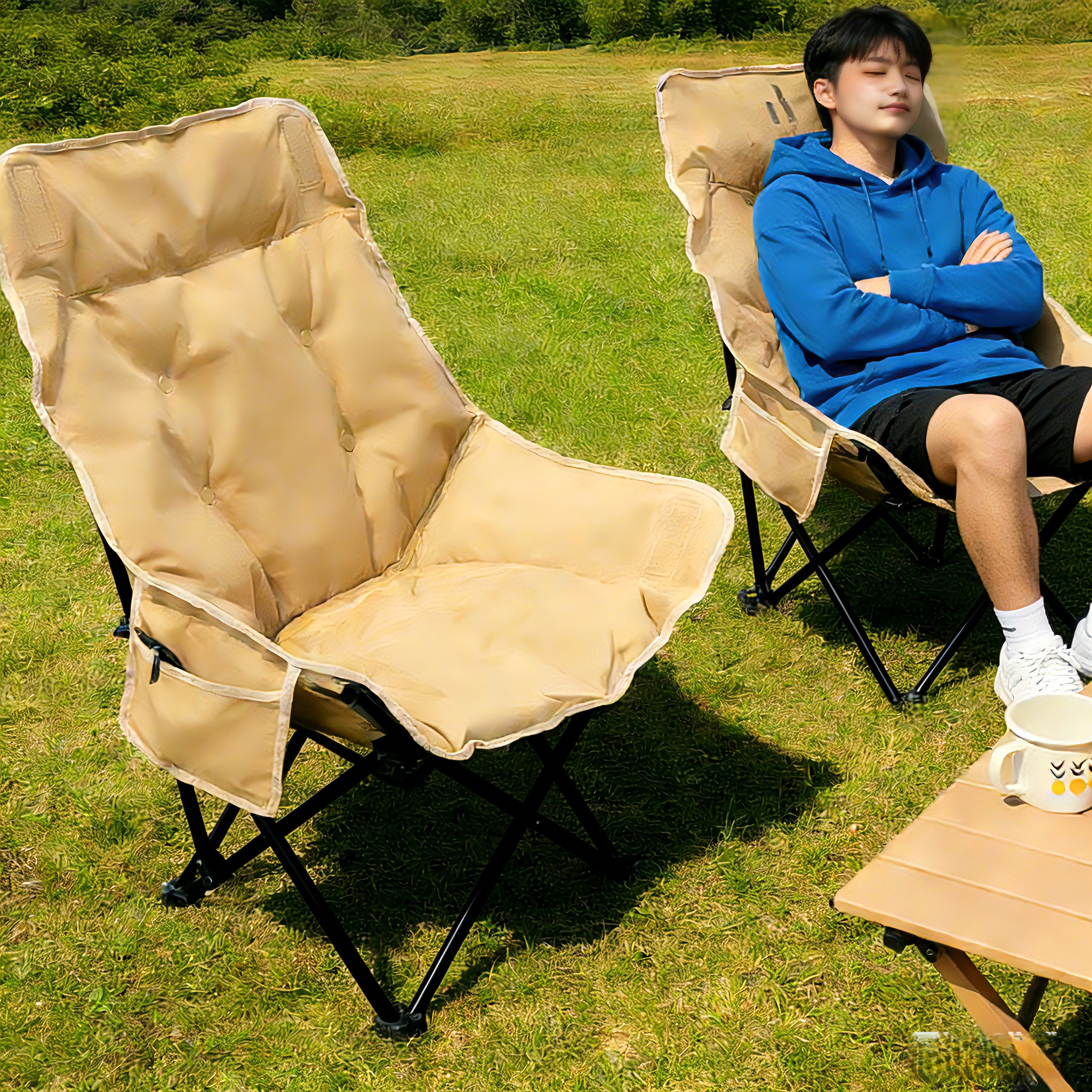 躺椅户外折叠椅子便携式月亮椅可调节露营钓鱼凳子办公午休沙滩椅