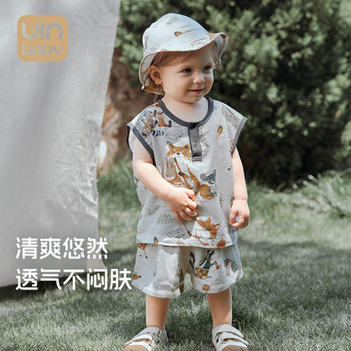 {竹云丝}宝宝背心套装夏季薄款男女棉纱布外穿儿童分体无袖上衣服