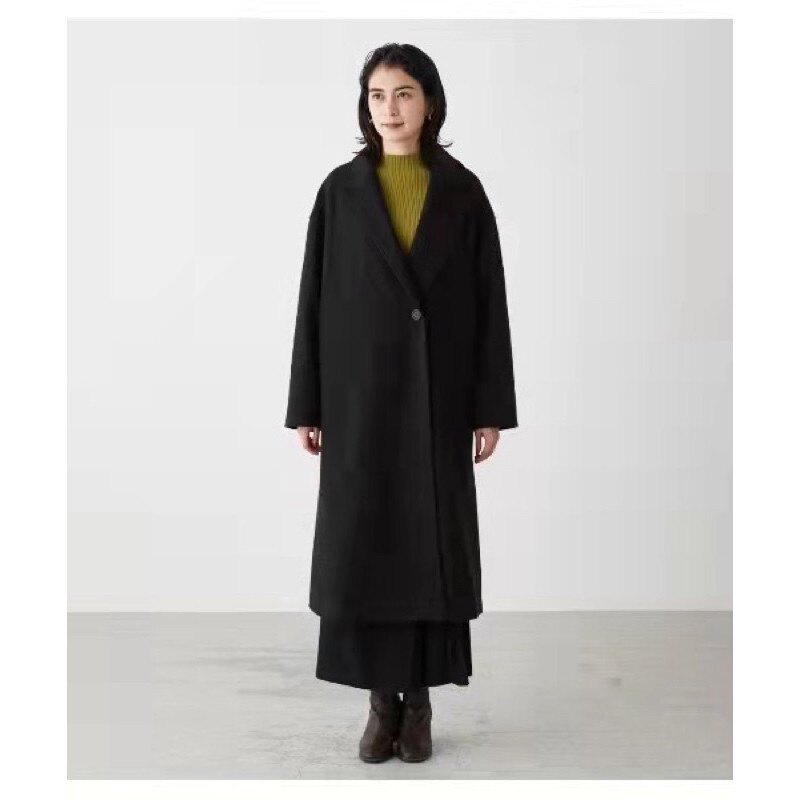 日单新款通勤百搭西装领一粒扣直筒显瘦女纯色长袖中长款毛呢外套