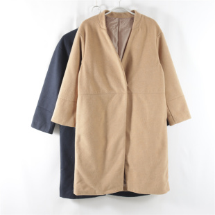 毛呢外套 中长款 日单新款 通勤百搭V领一粒按扣宽松显瘦女纯色长袖