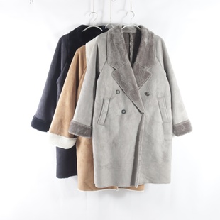 中长款 领双排扣直筒显瘦女纯色长袖 加厚外套 通勤百搭西装 日单新款