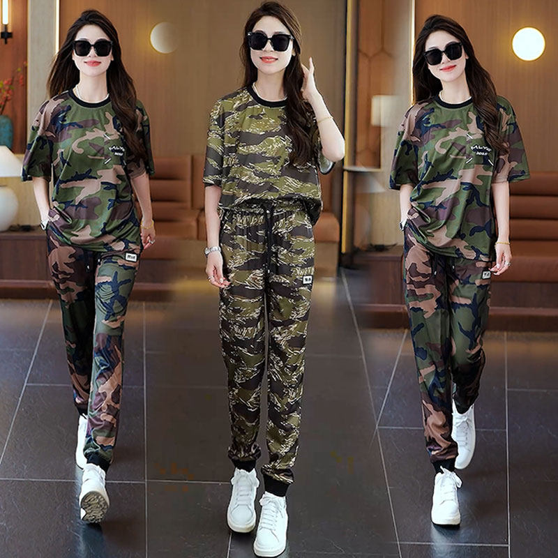 速干迷彩服套装男女夏季新款宽松显瘦短袖上衣高腰休闲裤广场舞服