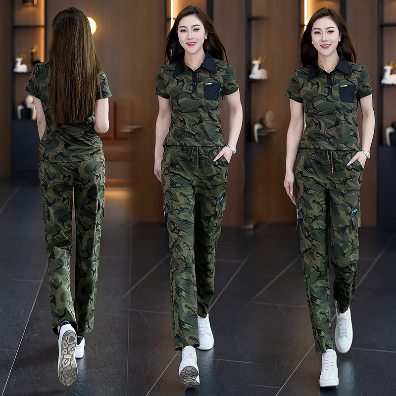 运动服训练工装春夏套装女装薄款新款休闲长裤跑步迷彩服