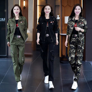 春秋新款外套迷彩服女套装运动休闲工装多口袋长裤冬季加厚三件套