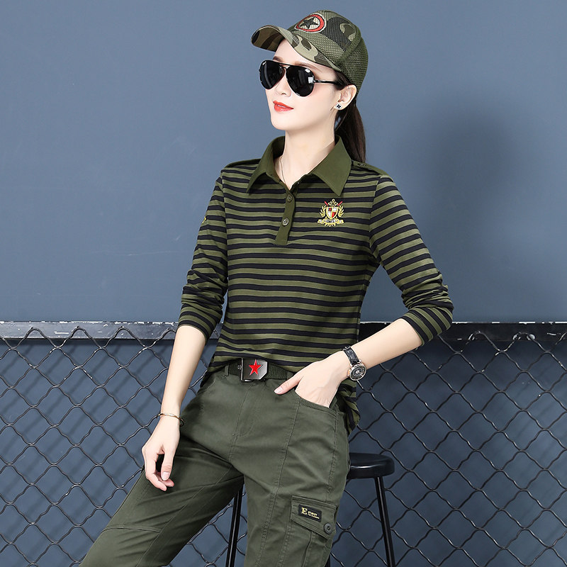 迷彩服女时尚休闲显瘦polo衫长袖t恤春秋翻领条纹上衣水兵舞套装