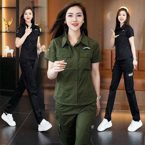 短袖衬衣女工装军绿色套装军迷多口袋休闲长裤韩版黑色弹力两件套