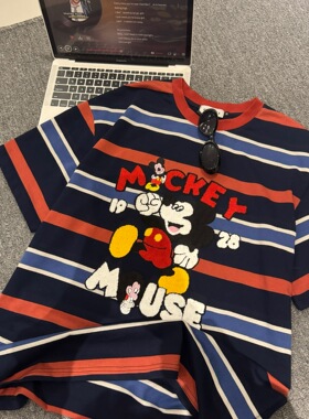 【米奇奇遇】潮牌秋新款米奇撞色条纹绣花T恤CP675