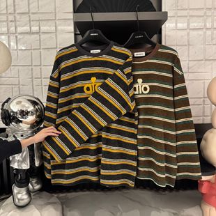 T恤CP657 慵懒复古色系撞色条纹圆领长袖 字母条纹