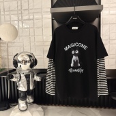 T恤CP662 圆领长袖 黑T魔法猫 潮牌假两件设计感女款