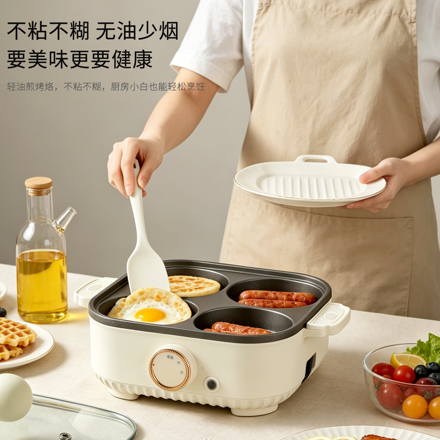 鸡蛋汉堡肉蛋堡平底煎蛋神器不粘煎锅四孔钛陶瓷肉蛋堡早餐机家用