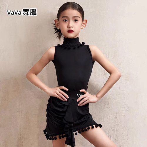 vava新款专业拉丁舞服少儿女童练功演出服高领无袖分体黑色穗款