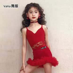 vava舞服高档少儿拉丁舞春夏红色吊带蓬蓬纱俏皮女童跳舞练习服