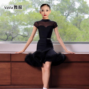 vava少儿拉丁舞服女童短袖气质显瘦花边裙摆舞蹈服演出练习服班服