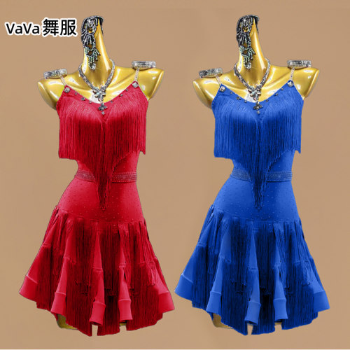 高档新拉丁舞花服女童比赛服吊带流苏成人表演伦巴恰恰少儿大裙摆