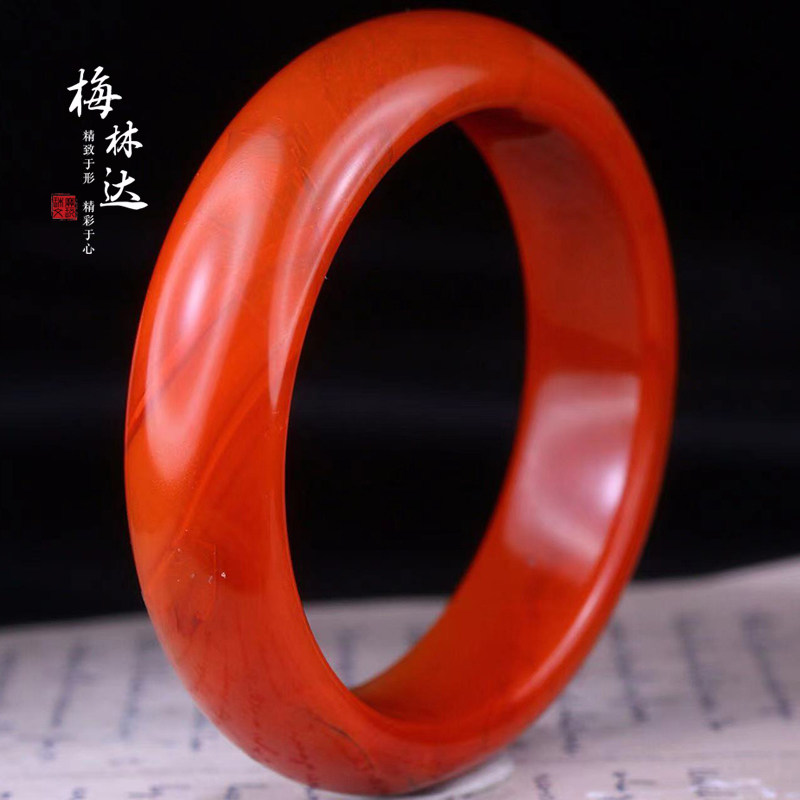 Melinda/梅林达【明楼】天然南红玛瑙手镯满色柿子红54圈口玉镯子