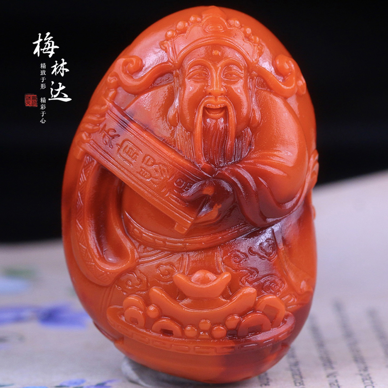 Melinda/梅林达【旺瑞】天然南红玛瑙吊坠苏工精雕财神爷玉石挂件