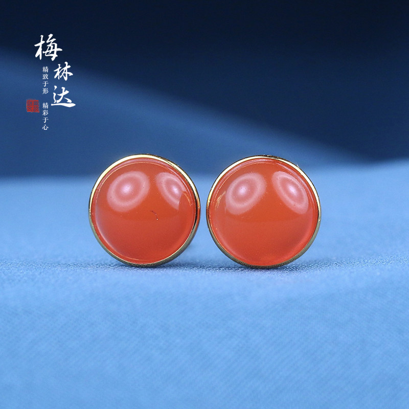Melinda/梅林达【泠梦】天然南红玛瑙耳钉满色蛋面18K金镶嵌耳环