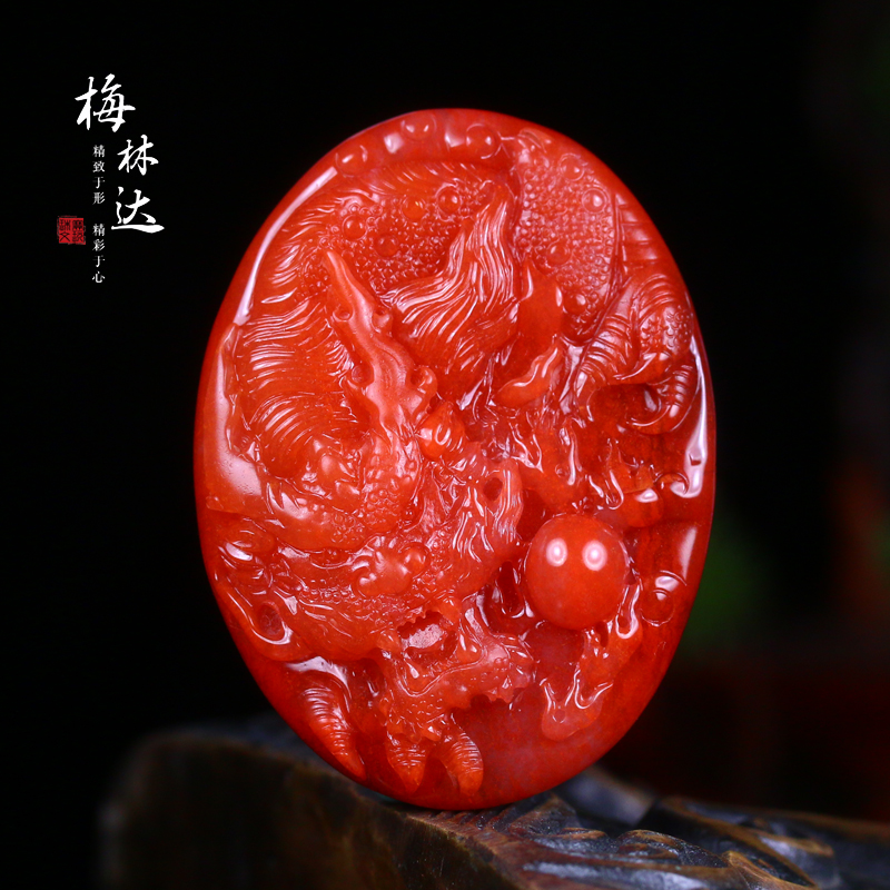 梅林达男女南红玛瑙神龙戏珠吊坠