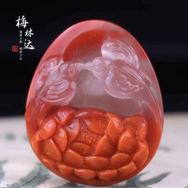 Melinda/梅林达【茶笙】天然南红玛瑙吊坠苏工精雕花开见喜玉挂件
