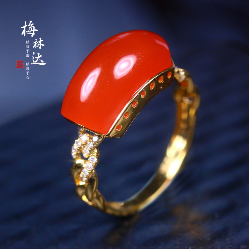 melinda/梅林达【暮兮】南红玛瑙玉石18k镶嵌马鞍戒指女士指环