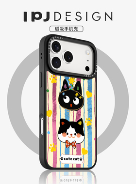 IPJ日韩条纹可爱黑色猫咪冰川纹磁吸壳17适用于iphone16promax苹果15PRO手机壳13可爱14套12卡通防摔