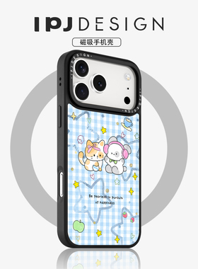 IPJins风小清新蓝白格纹可爱猫咪冰川纹磁吸壳适用于iphone17promax苹果16PRO手机壳15新款14套13防摔