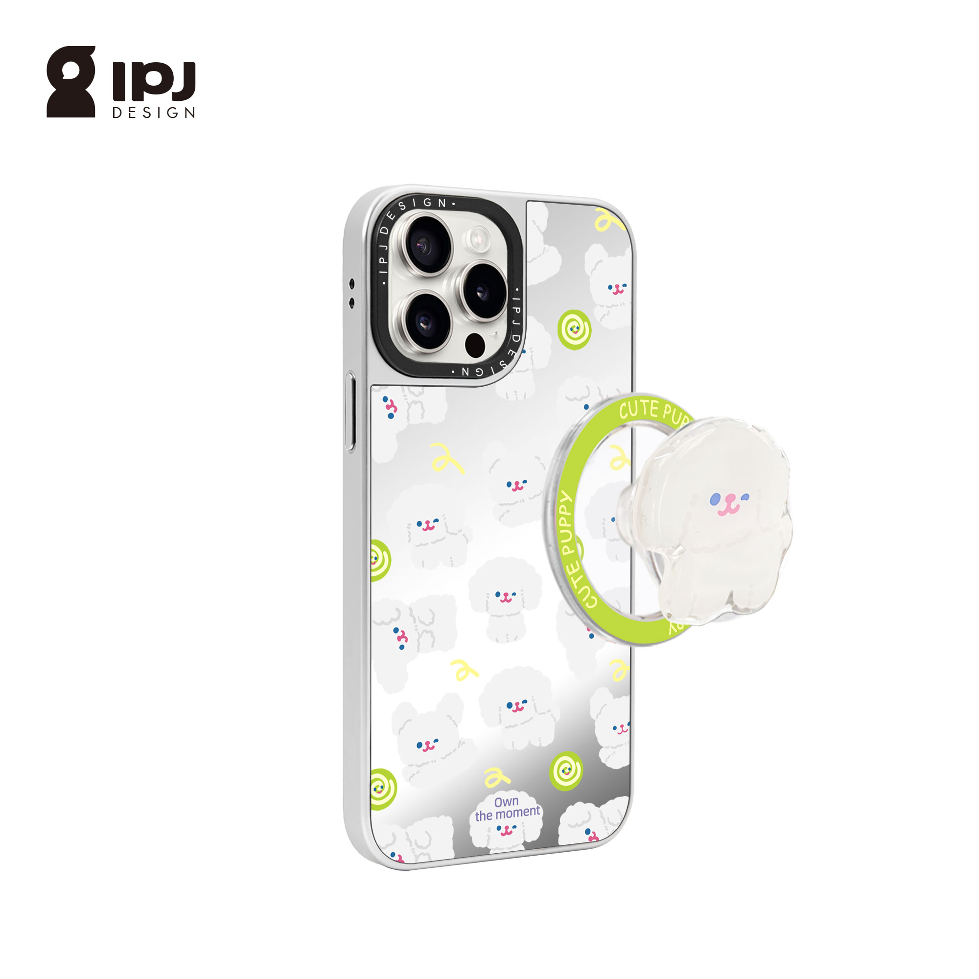 IPJ奶油镜面可爱小狗狗电镀银磁吸支架手机壳17适用苹果15promax手机壳iphone16Plus13个性12防摔14卡通