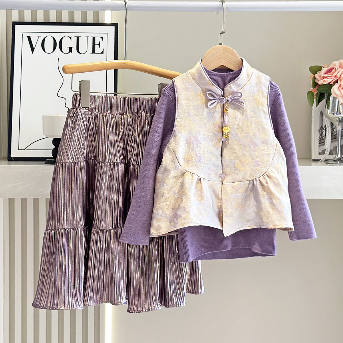 冬款儿童新中式盘扣背心三件套