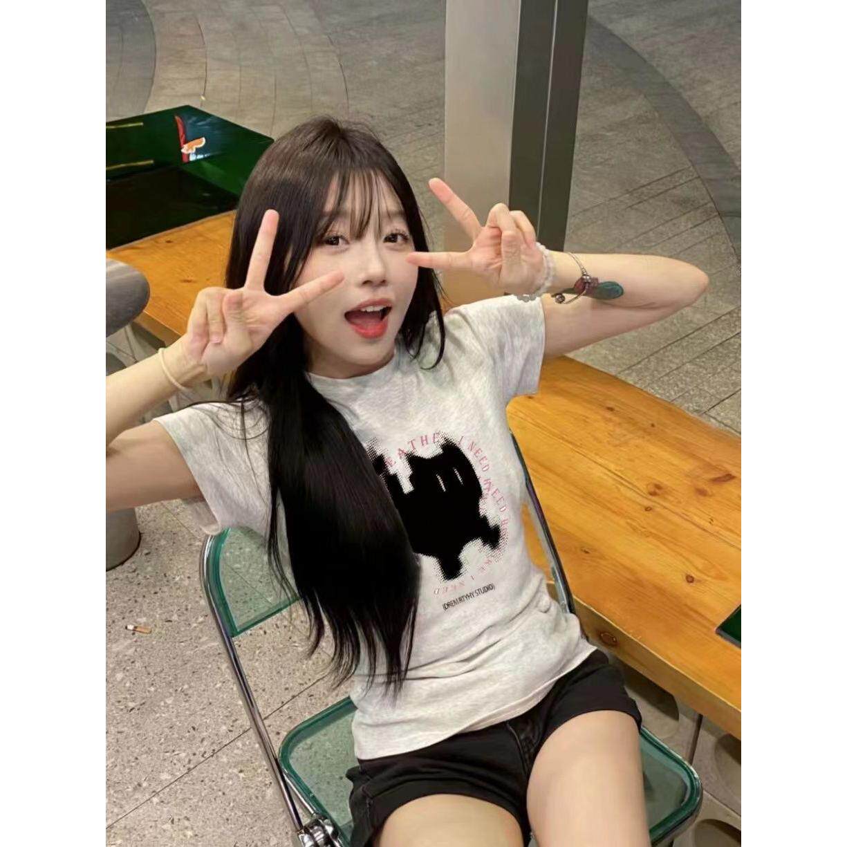 美式复古短袖灰色印花遮肉纯棉T恤chic修身显瘦甜酷辣妹百搭上衣