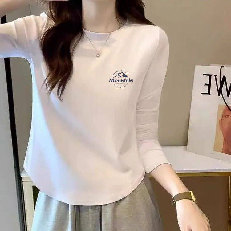 2025新款韩版学生长袖白色t恤女秋季圆领设计感修身短款打底衫潮