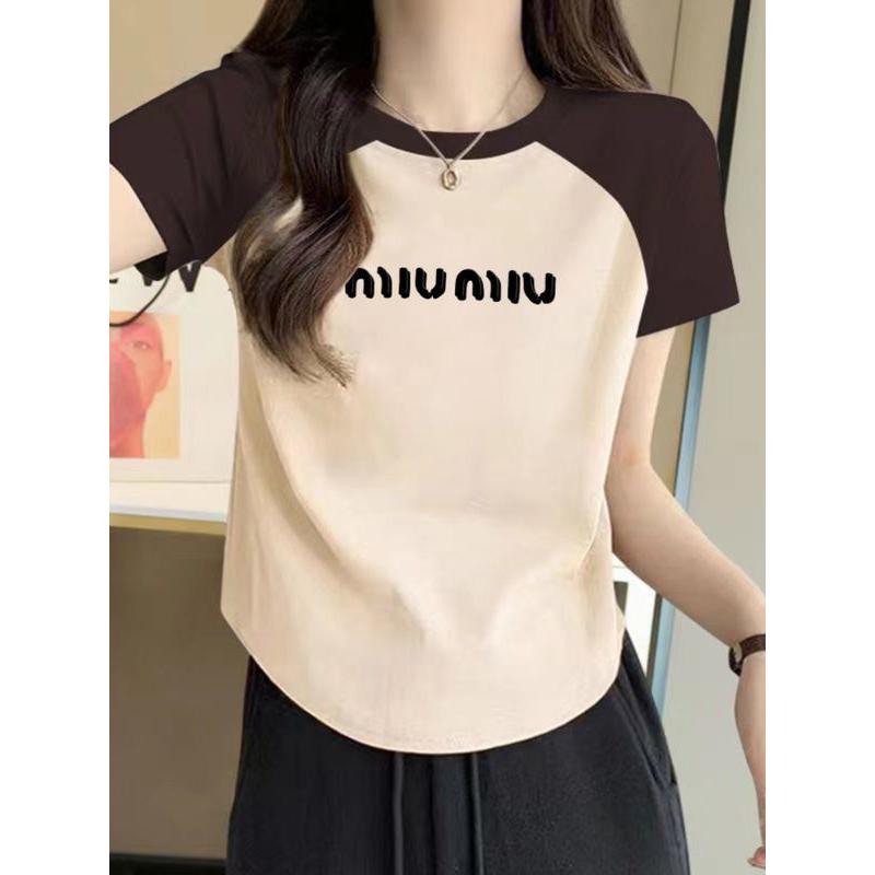 美式复古插肩袖短款正肩短袖T恤女设计感小众胖mm撞色拼接上衣服