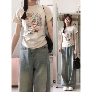 紧身上衣 纯棉正肩短袖 印花t恤女夏季 甜辣修身 显瘦甜美小众打底衫