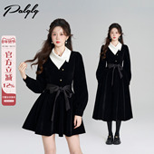 Palglg法式 富家千金风黑色丝绒连衣裙女冬季 赫本风收腰大摆a字裙