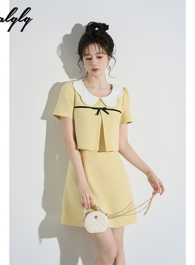 黄色小香风甜美圆领短袖连衣裙女夏季新款名媛气质假两件a字短裙