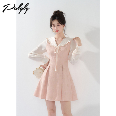 法式小香风粉色甜美v领连衣裙女