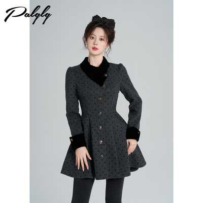 法式miu系灰色波点毛呢外套女冬