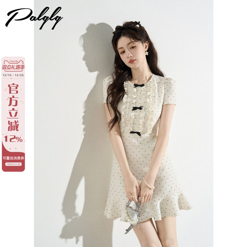 法式木耳边圆领波点连衣裙女