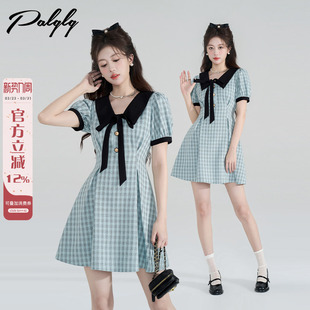 蓝色学院风娃娃领短袖 甜美设计感气质收腰a字裙 格子连衣裙女夏季