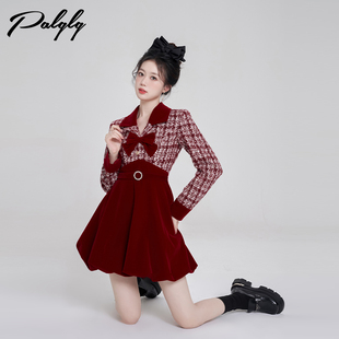 小香风v领红色格子设计感连衣裙女秋冬季 高级感新年战袍丝绒裙子