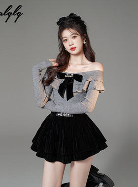 荷叶边套头灰色毛衣女外穿秋冬季2025新款修身短款一字肩针织上衣