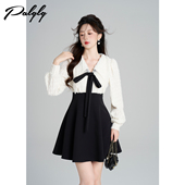 冬季 Palglg高级感法式 甜美假两件连衣裙女长袖 娃娃领毛绒拼接裙子