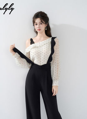 高级感法式波点斜肩衬衫套装女早