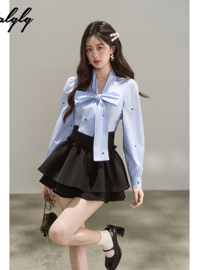 不规则蝴蝶结蓝色条纹长袖衬衫女早秋季高级感小个子气质法式上衣