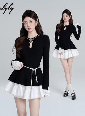 小香风重工钉珠黑色收腰毛衣女春季圆领套头显瘦短款外穿针织上衣